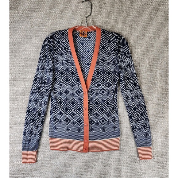 Tory Burch Sweaters - Tory Burch 100% Wool Geometric Print Cardigan Sweater Womens *XS-S Navy Chest 30
